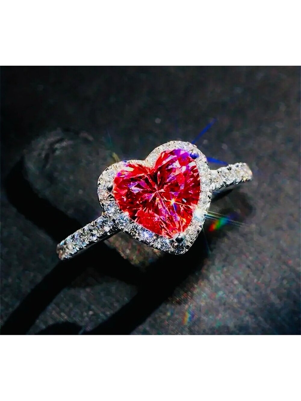 New - Beautiful 925 Silver - Red Gemstone Heart Ring w/Zirconia accents- Size 6